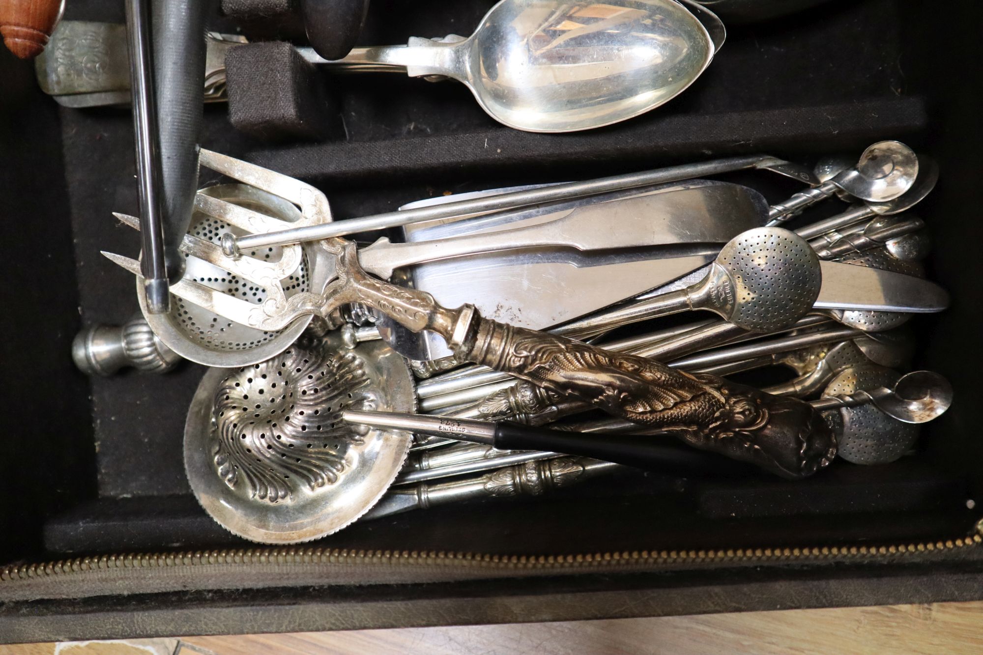 Various white metal and Sterling ladles and a quantity of mixed plated flatware